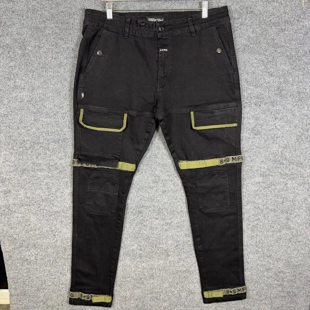 8&9 MFG Mens Cargo Pants Size 38(36x32) Black Vintage Wash Tactical Strap Detail